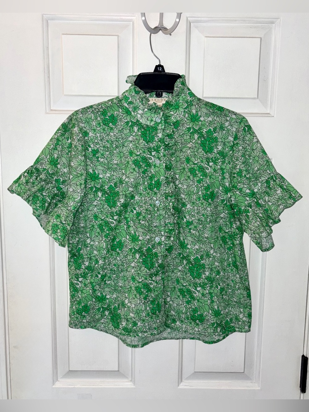 Laroque Green Floral Button Up Short Sleeve Blouse Top